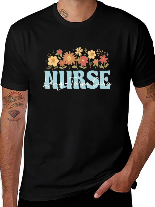 Floral Nurse Long Term Care Black T-Shirt
