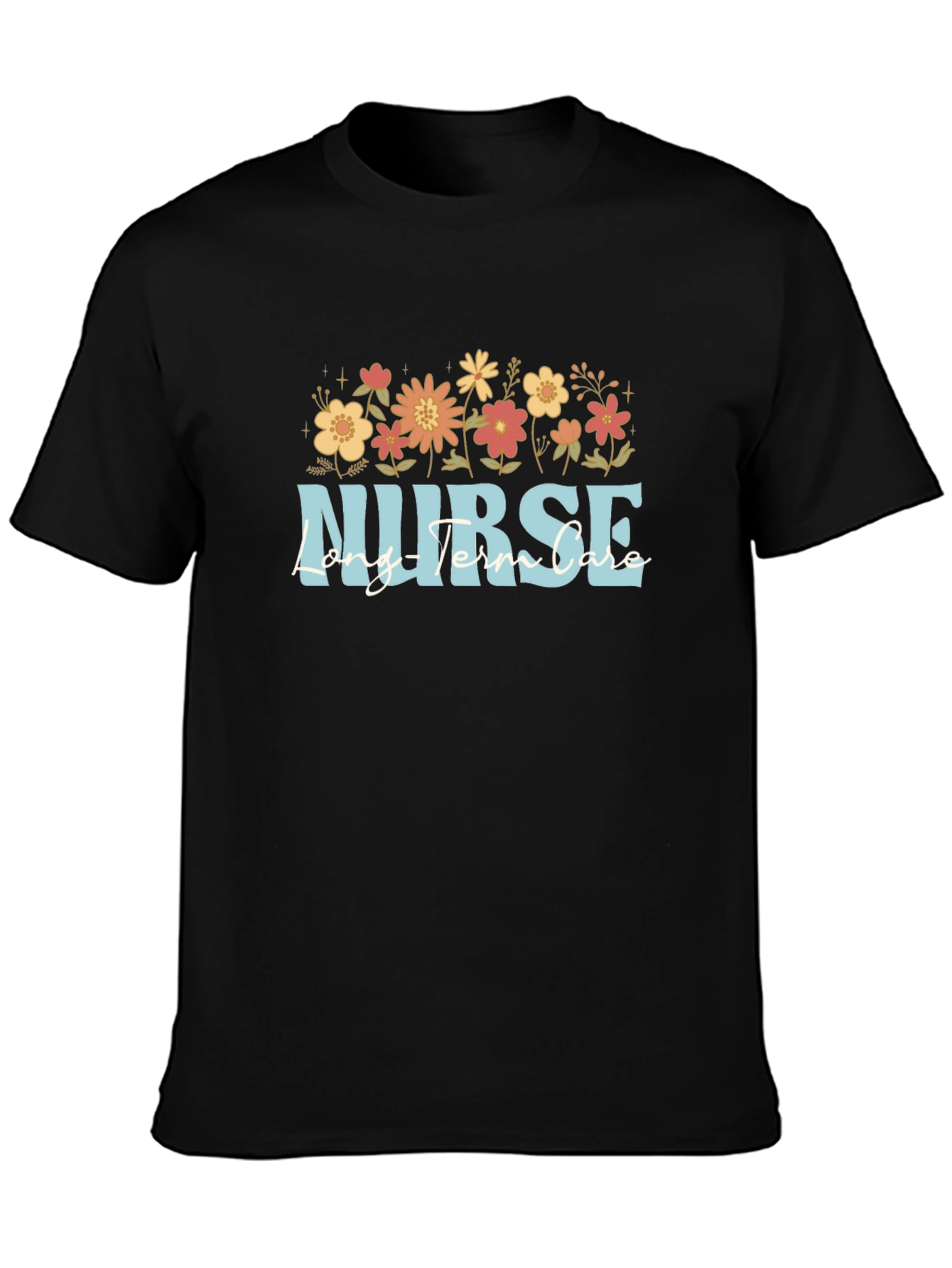 Floral Nurse Long Term Care Black T-Shirt