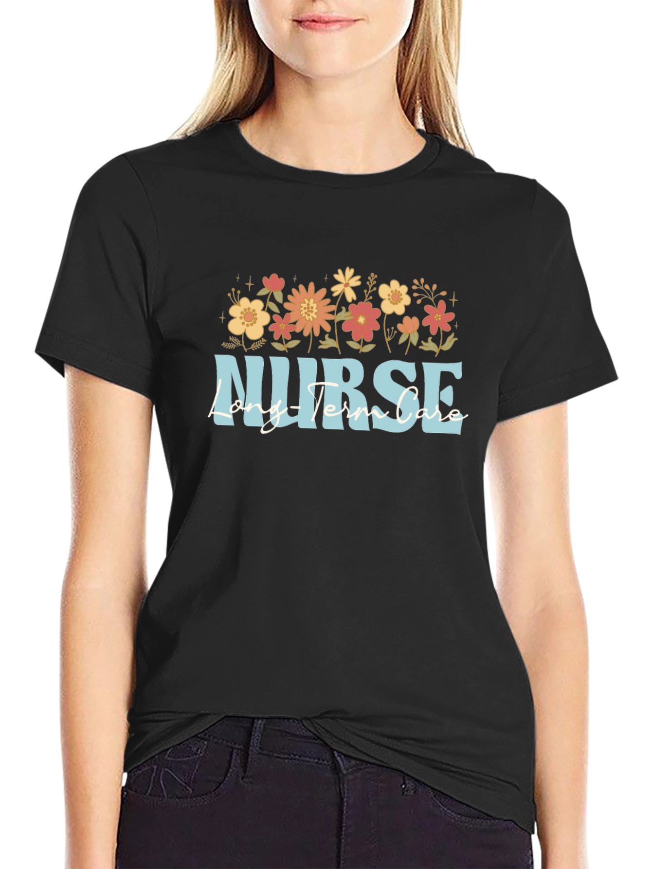 Floral Nurse Long Term Care Black T-Shirt