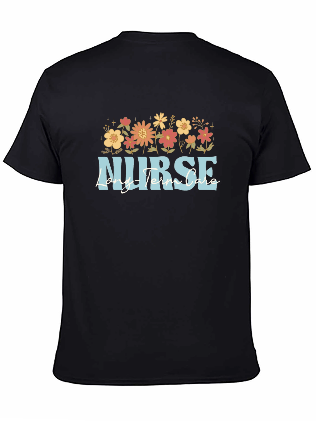 Floral Nurse Long Term Care Black T-Shirt