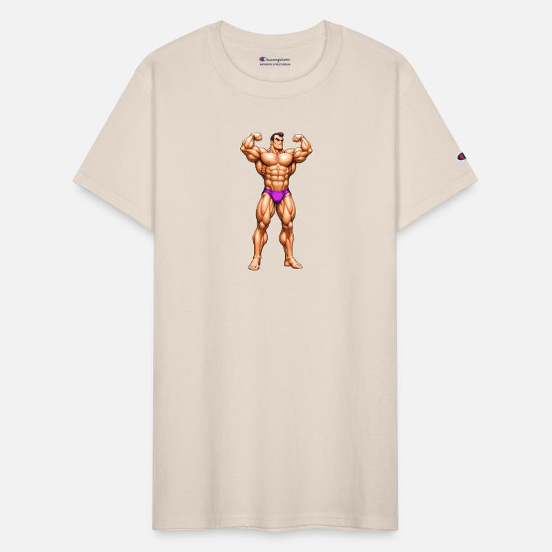 A pixel art of a strong body builder