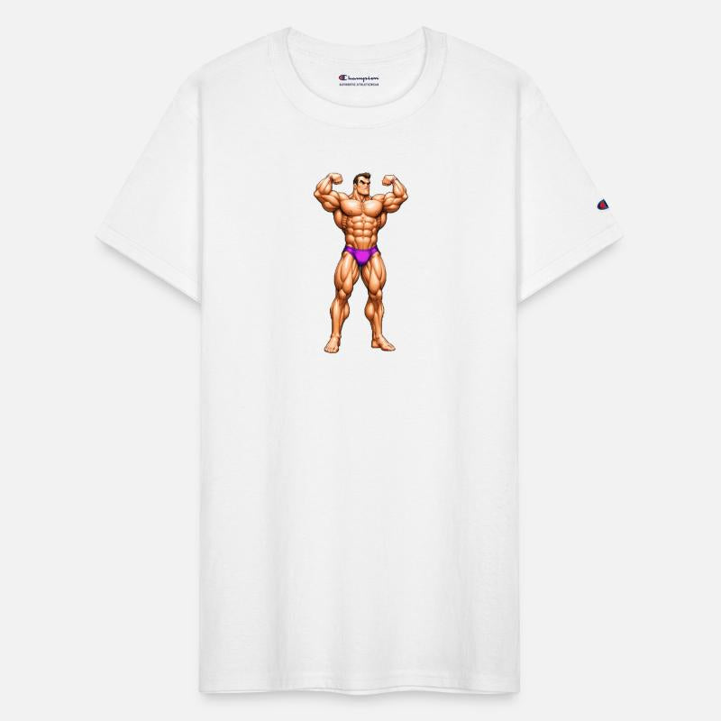 A pixel art of a strong body builder
