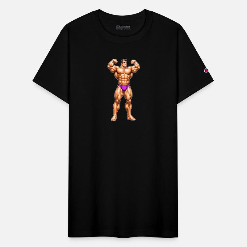 A pixel art of a strong body builder