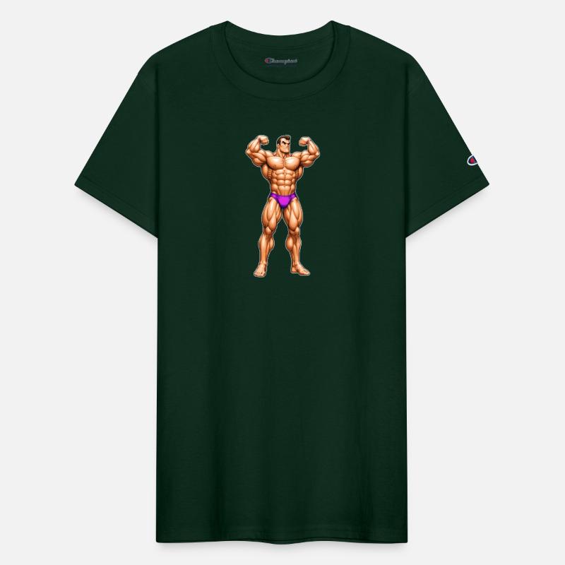 A pixel art of a strong body builder