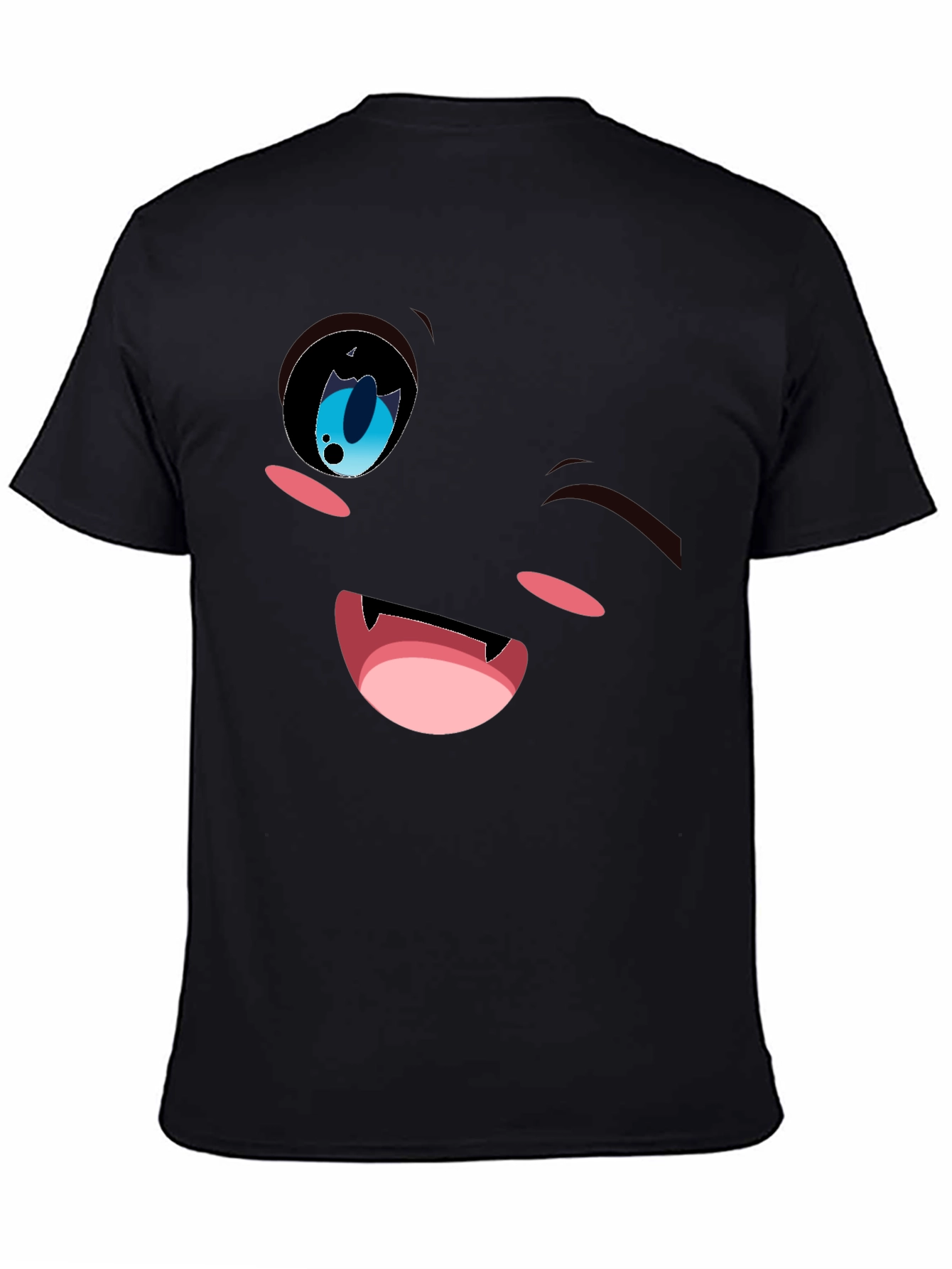 Winking Anime Face Graphic Tee - Black Cotton Blend