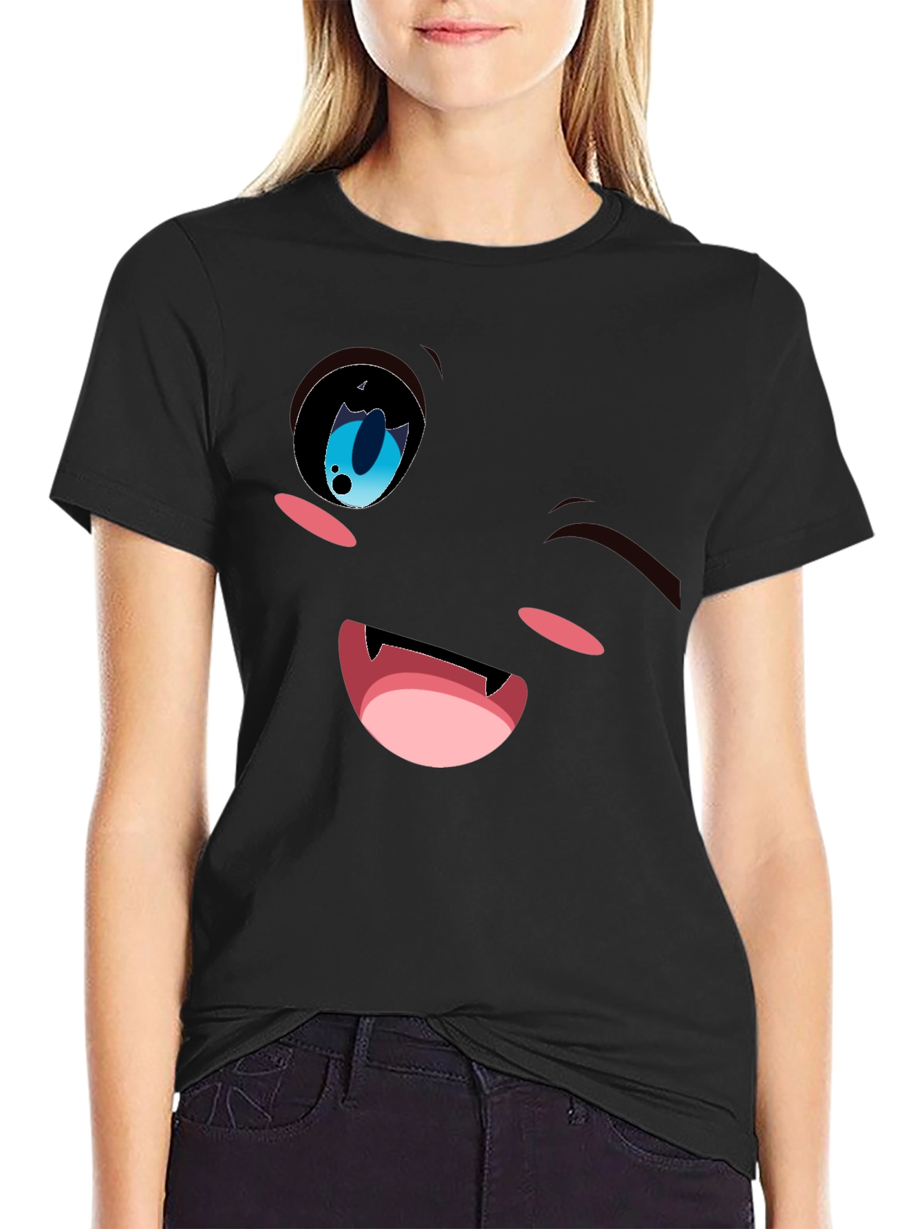 Winking Anime Face Graphic Tee - Black Cotton Blend