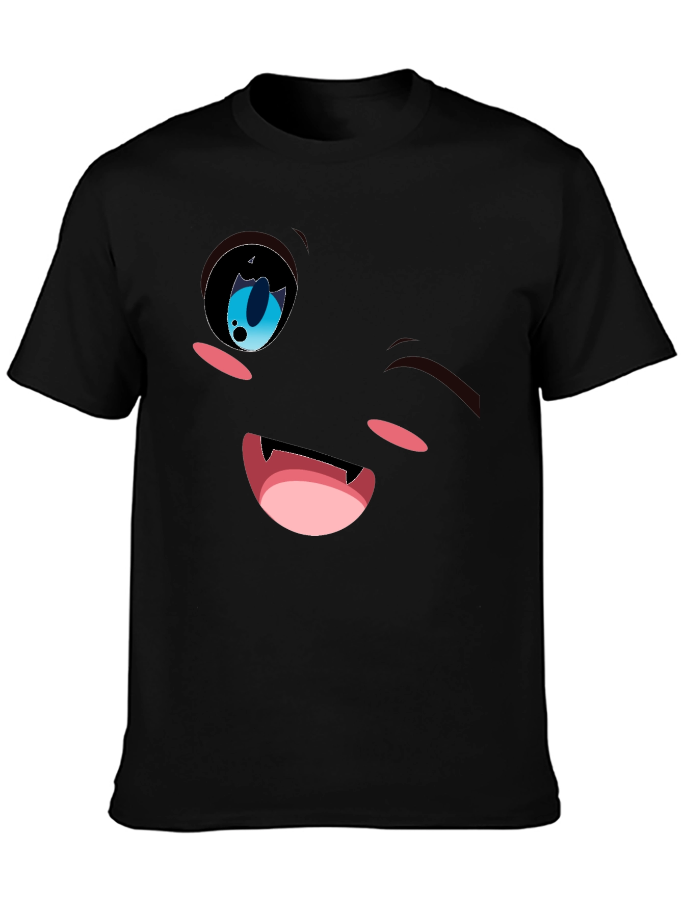 Winking Anime Face Graphic Tee - Black Cotton Blend