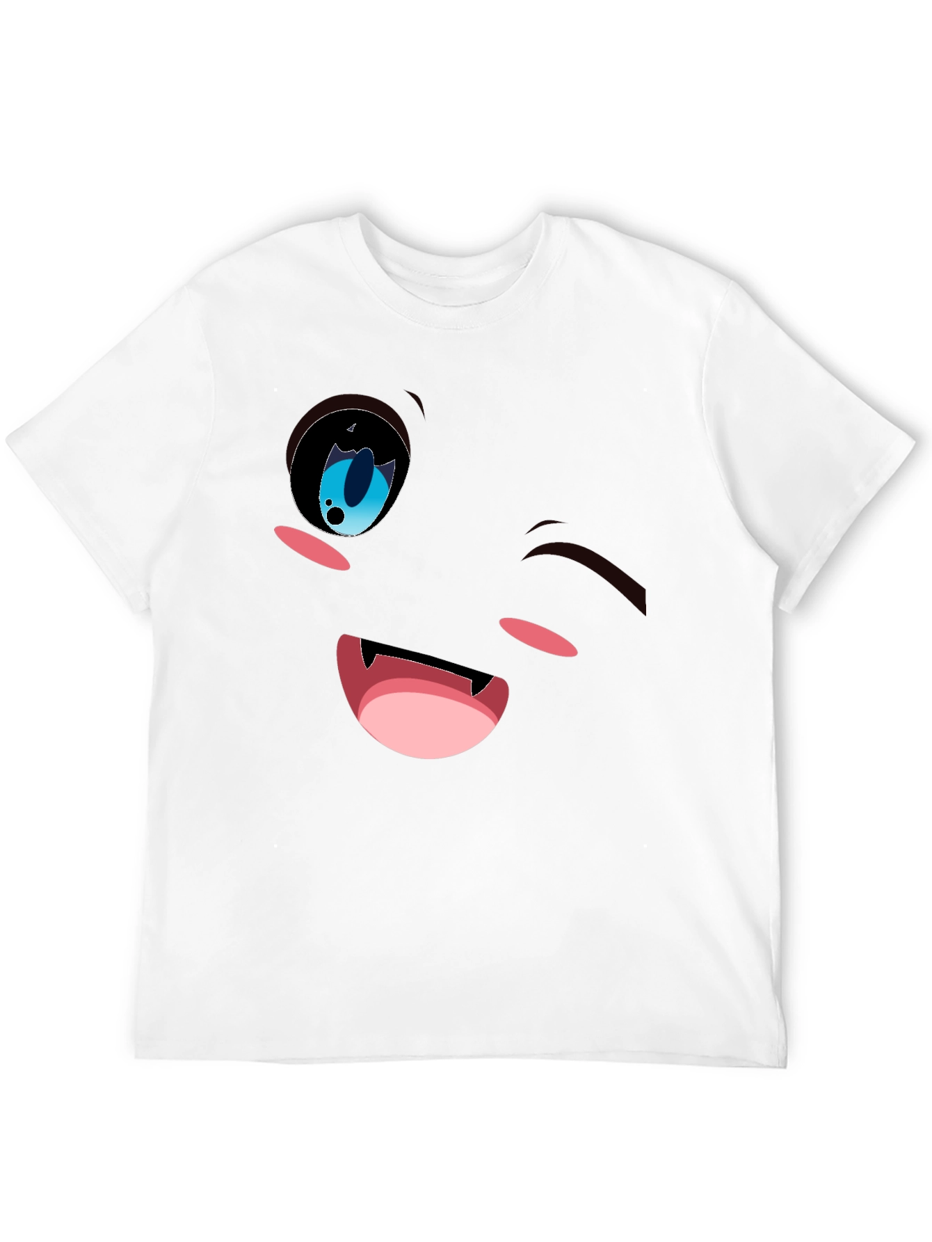 Winking Anime Face Graphic Tee - Black Cotton Blend