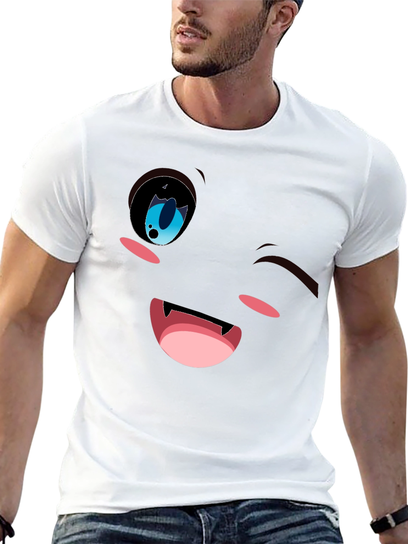Winking Anime Face Graphic Tee - Black Cotton Blend