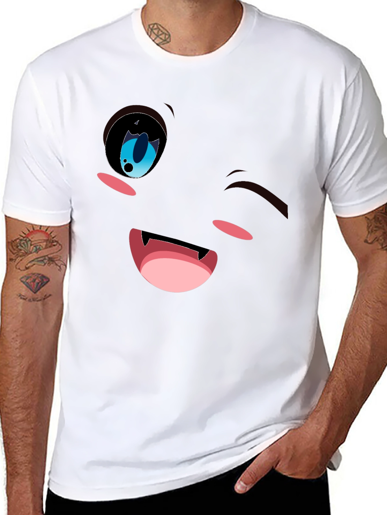Winking Anime Face Graphic Tee - Black Cotton Blend