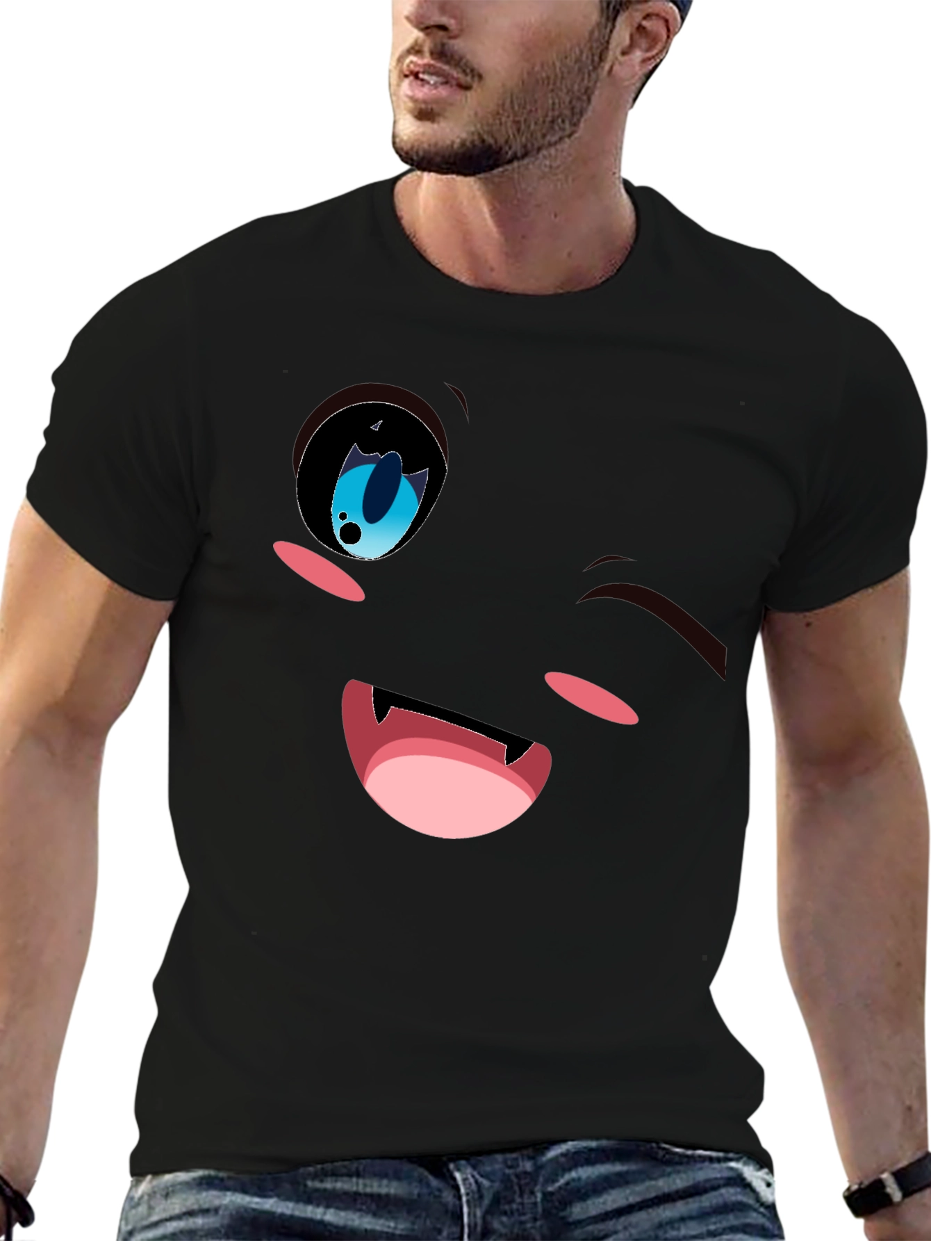 Winking Anime Face Graphic Tee - Black Cotton Blend