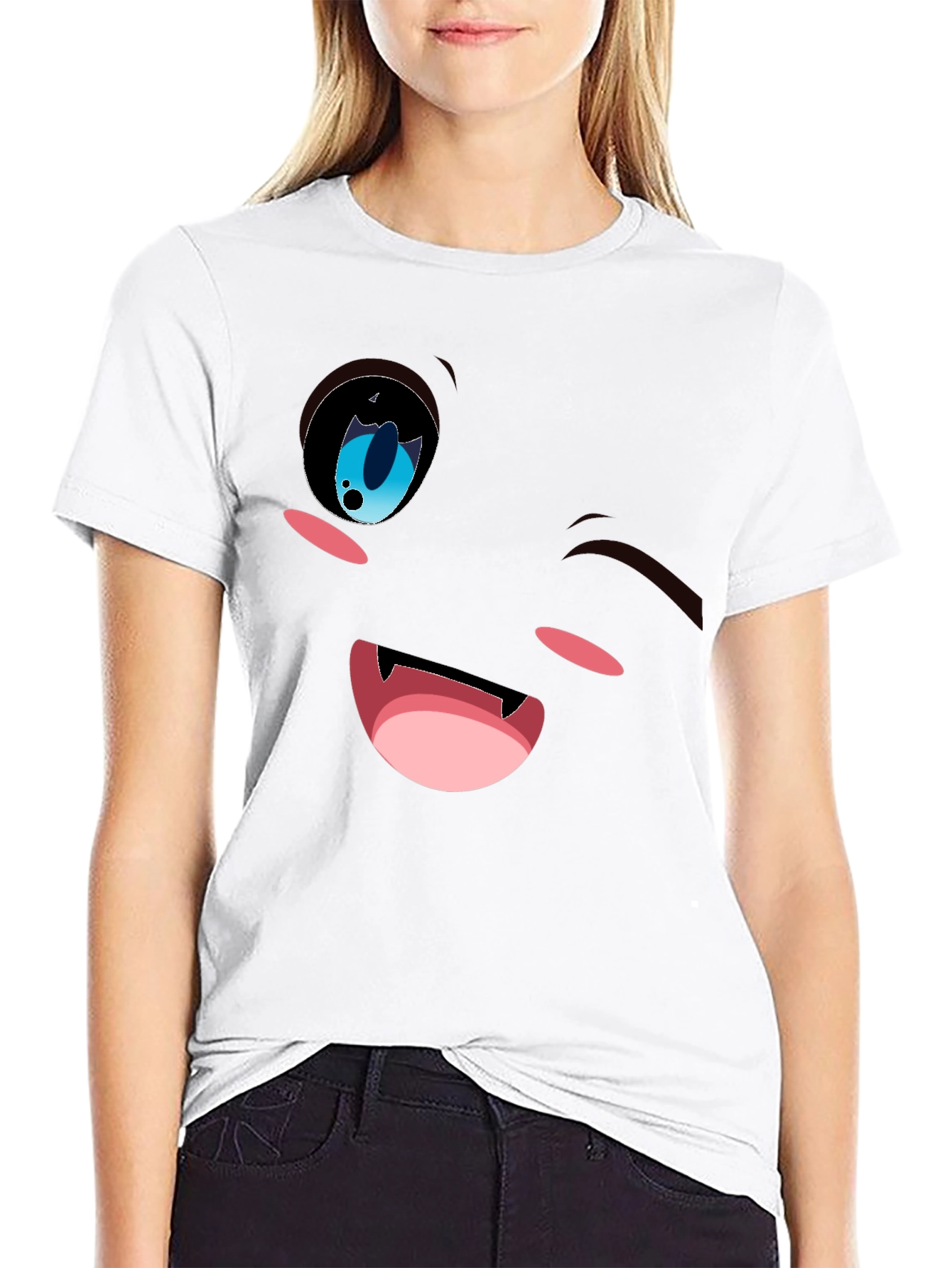 Winking Anime Face Graphic Tee - Black Cotton Blend