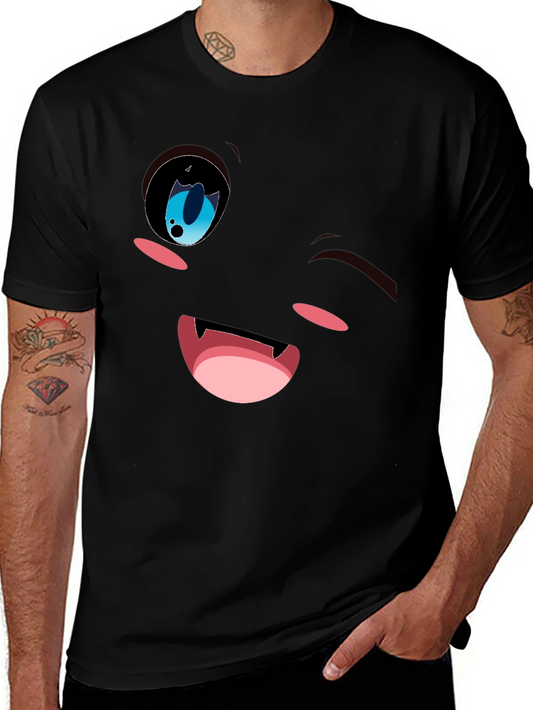 Winking Anime Face Graphic Tee - Black Cotton Blend
