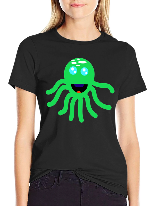 Funny Green Octopus Graphic Tee - Black Cotton T-Shirt