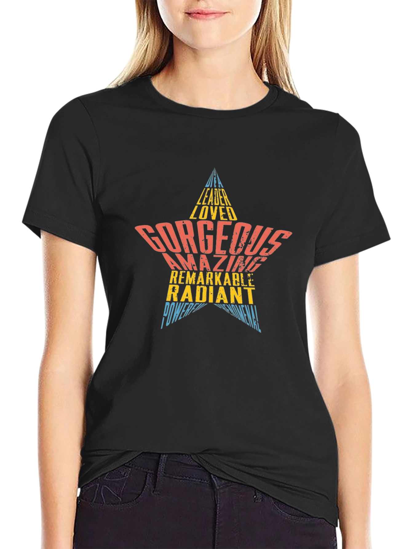 Stylish Graphic Star Word Art Tee Shirt