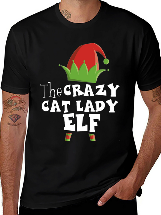 Crazy Cat Lady Elf Graphic Tee - Christmas Holiday T-Shirt