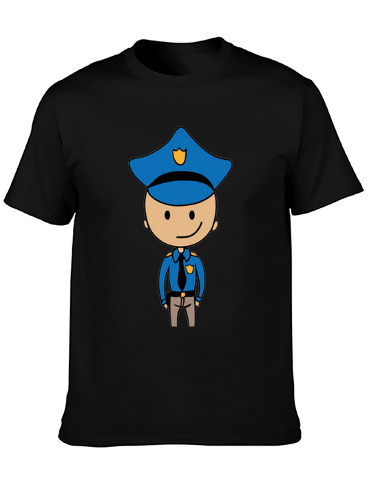 Cartoon Cop Graphic Tee - Black Cotton T-Shirt