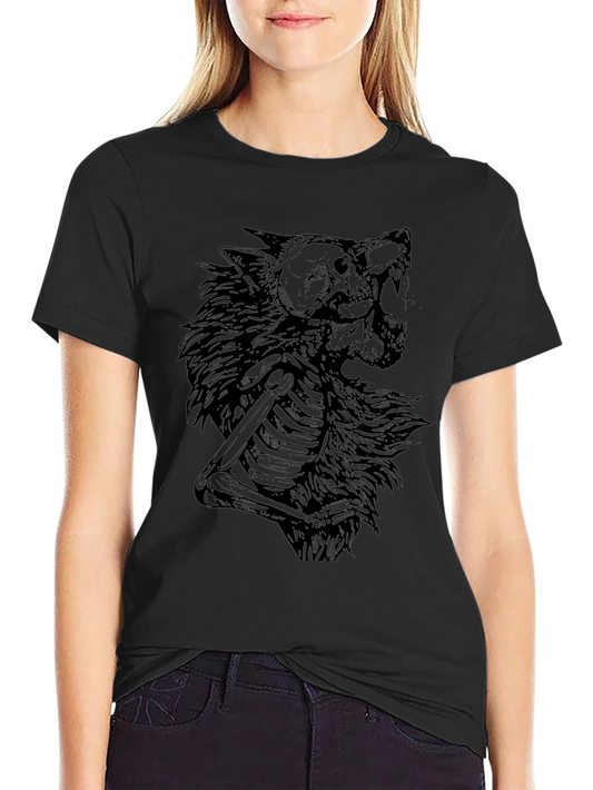 Wolf Skeleton Graphic Print Black T-Shirt