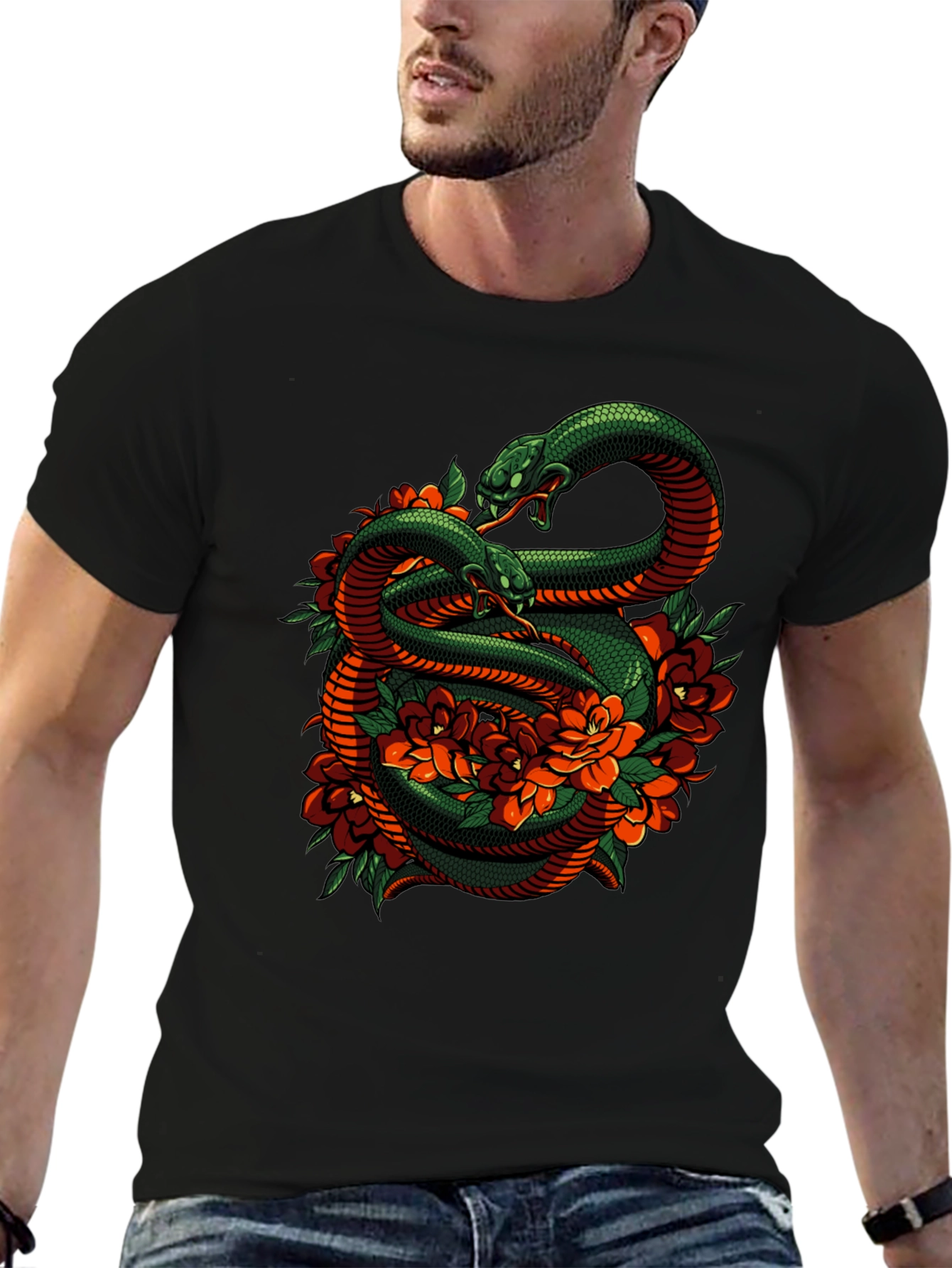 Snake & Roses Graphic Tee - Edgy Style