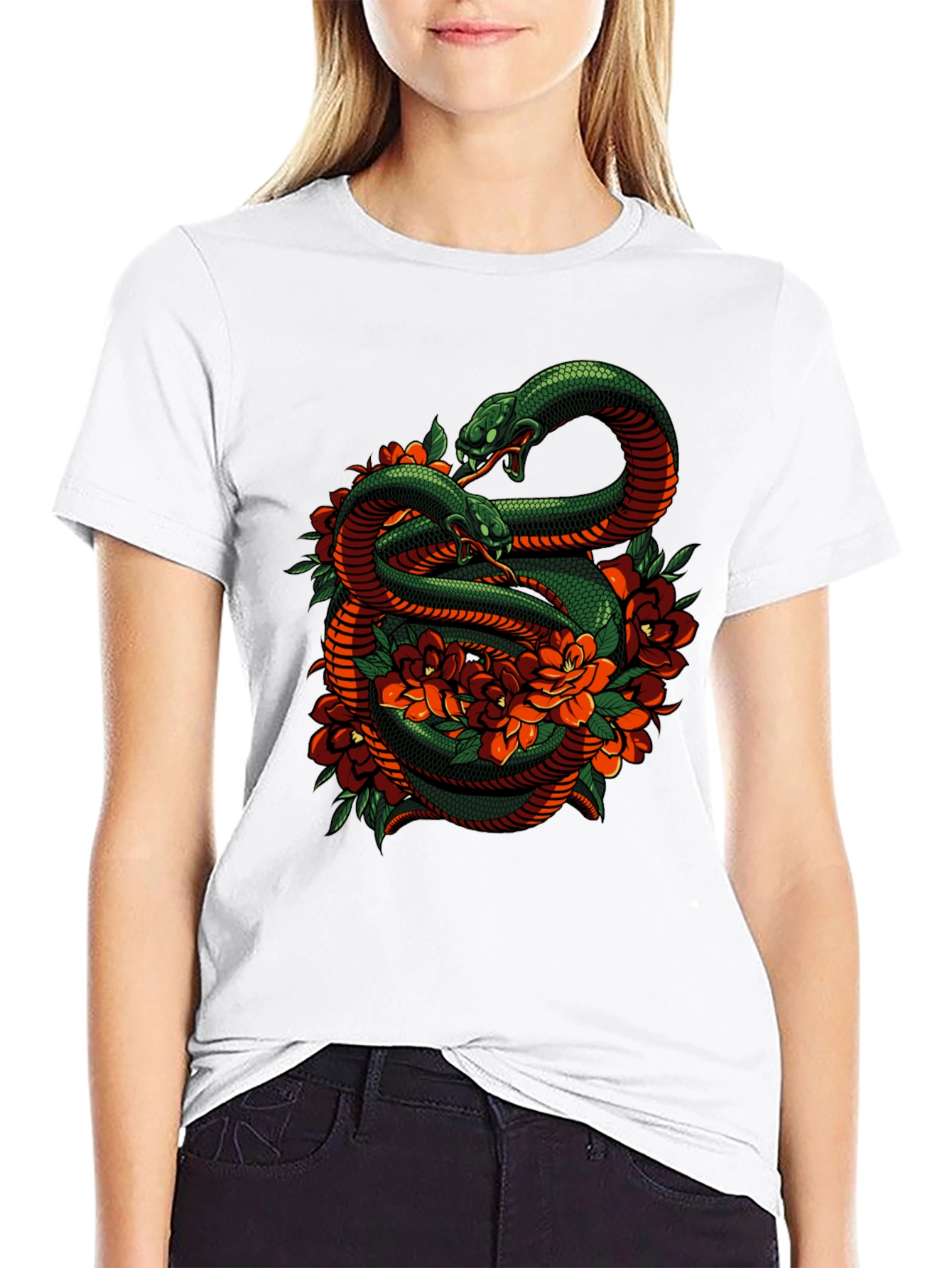 Snake & Roses Graphic Tee - Edgy Style