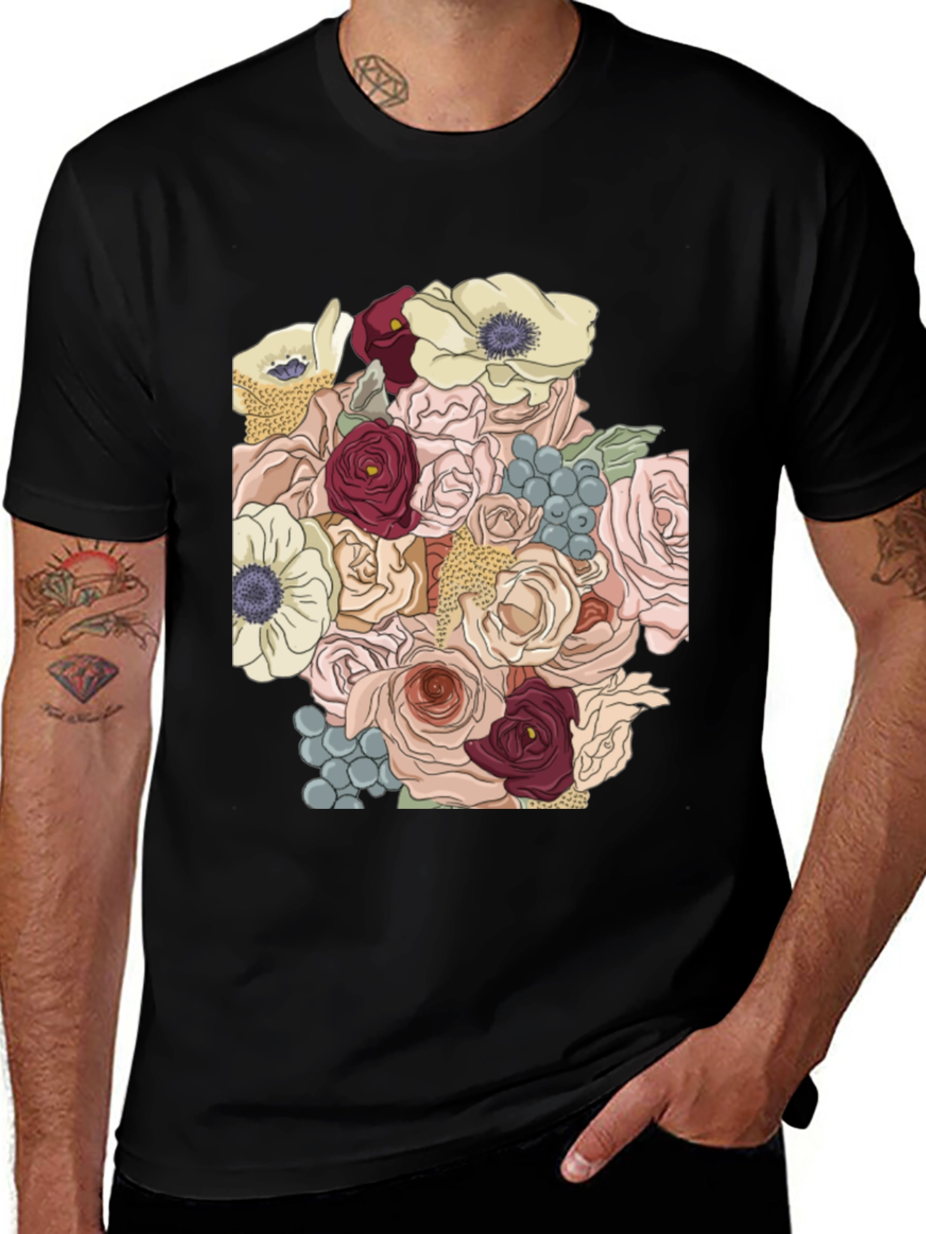 Floral Bouquet Graphic T-Shirt - Stylish Black Tee
