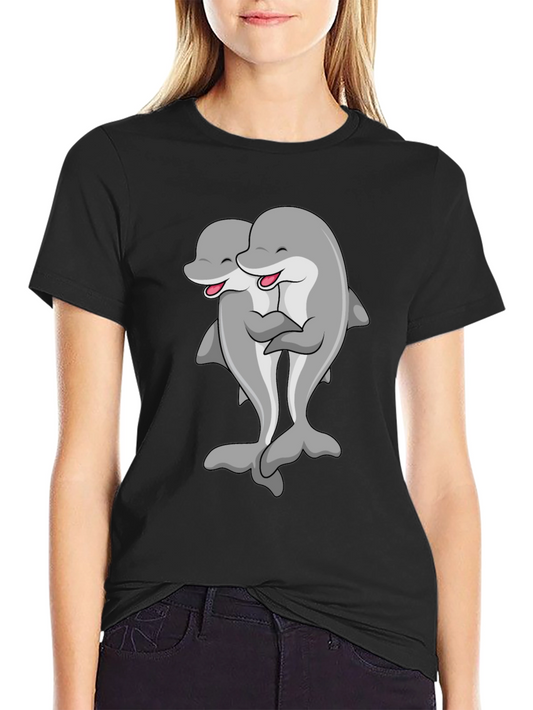 Cute Dolphin Hug Black T-Shirt