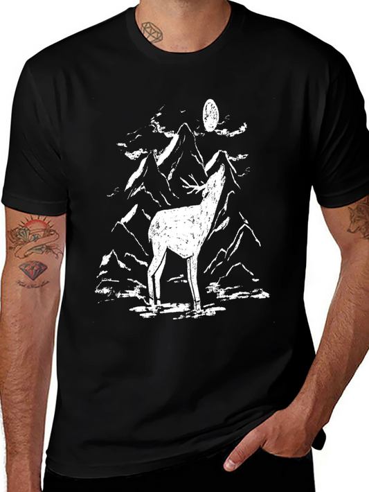 Mens Black Graphic Tee - Deer Howling at Moon Design