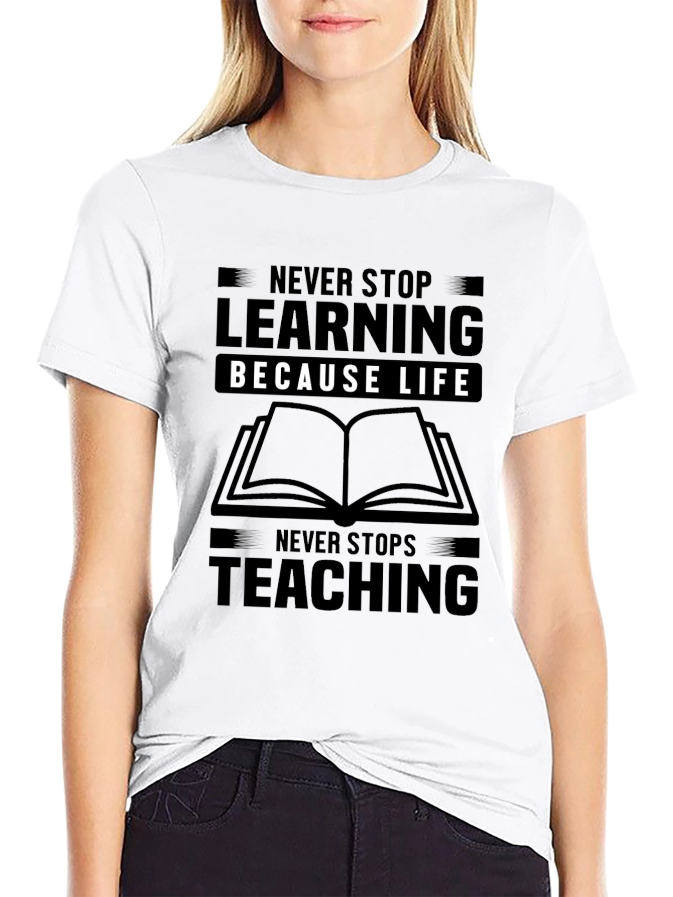 Never Stop Learning Black Graphic T-Shirt
