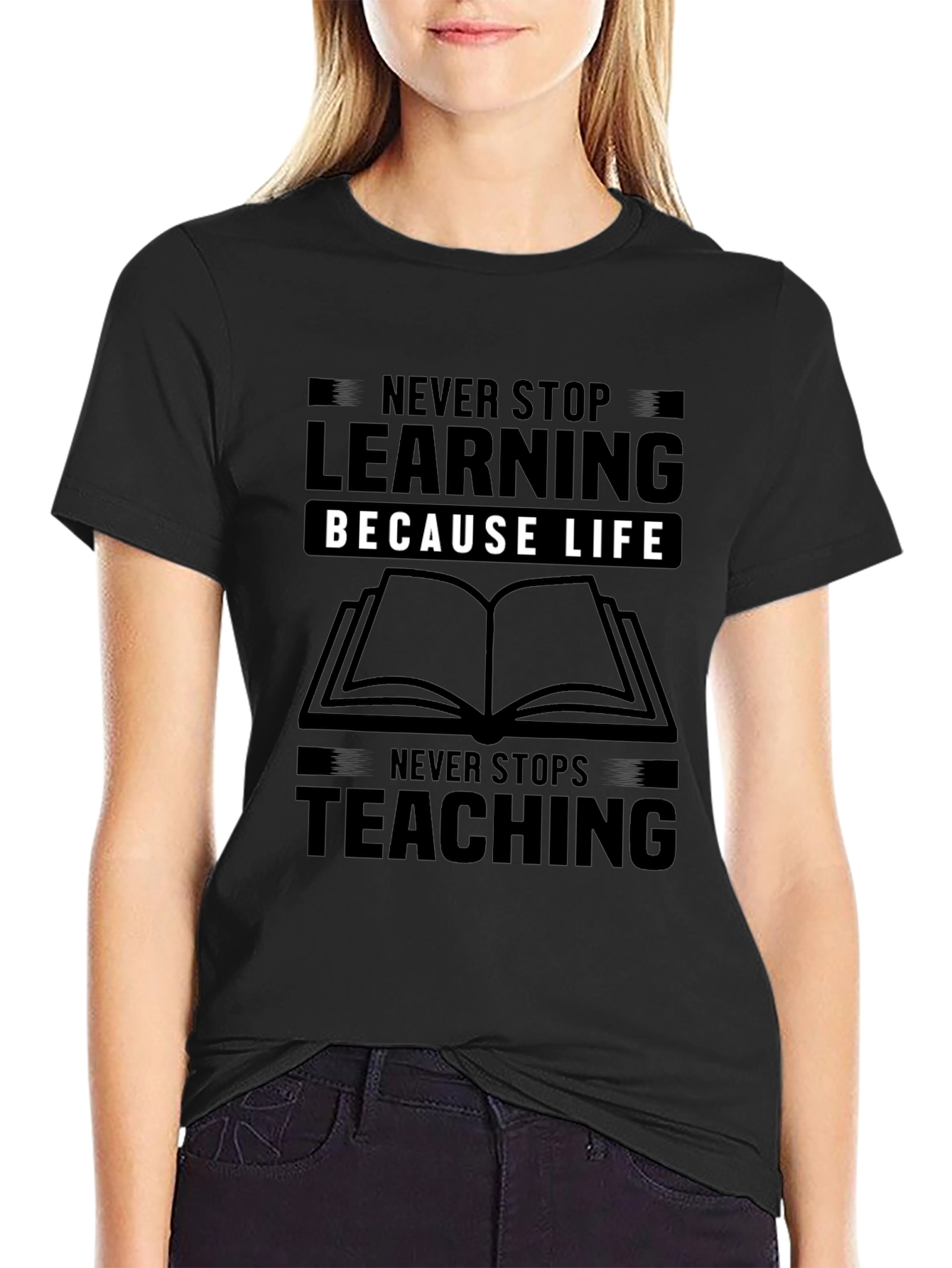 Never Stop Learning Black Graphic T-Shirt