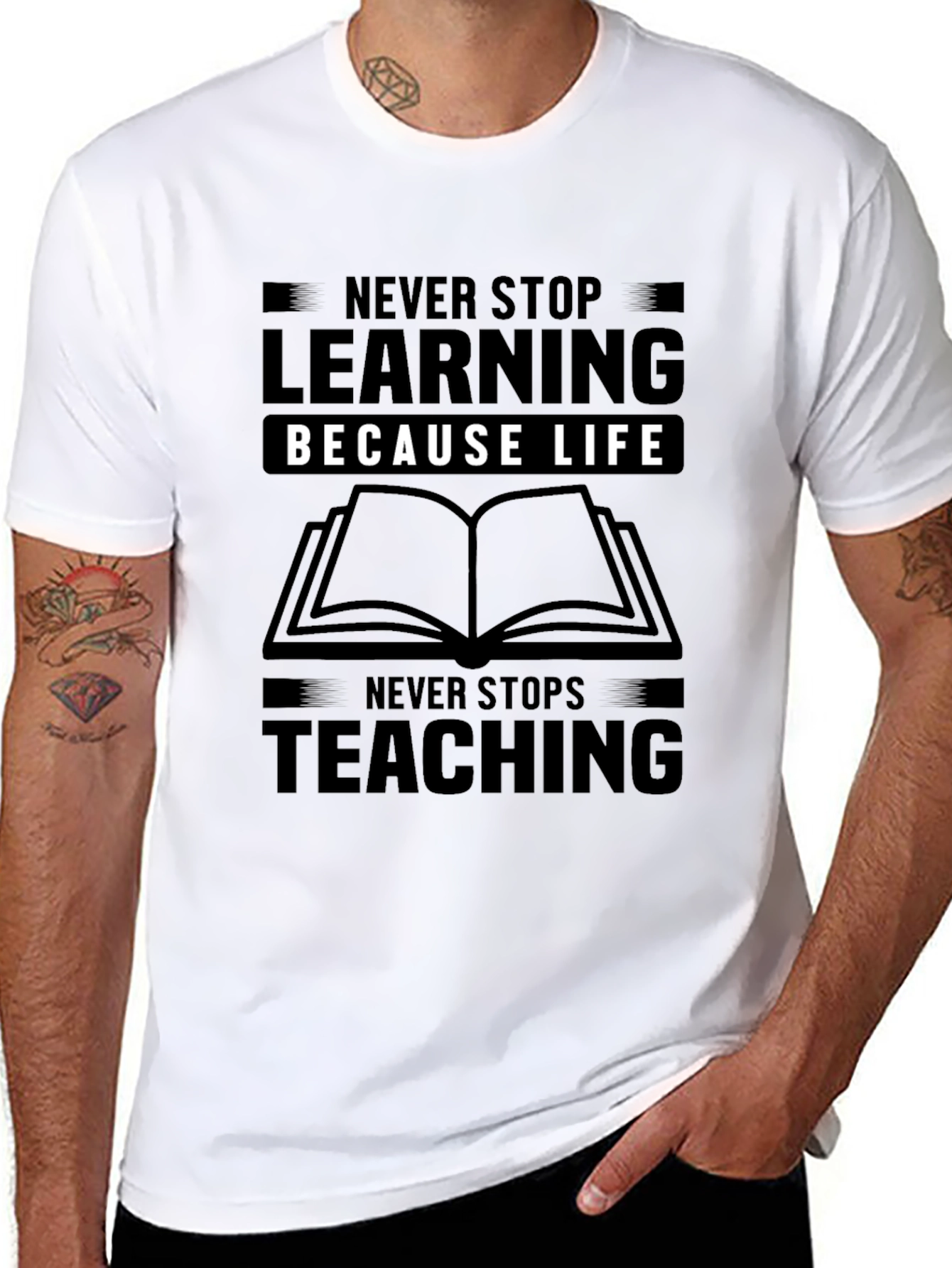 Never Stop Learning Black Graphic T-Shirt