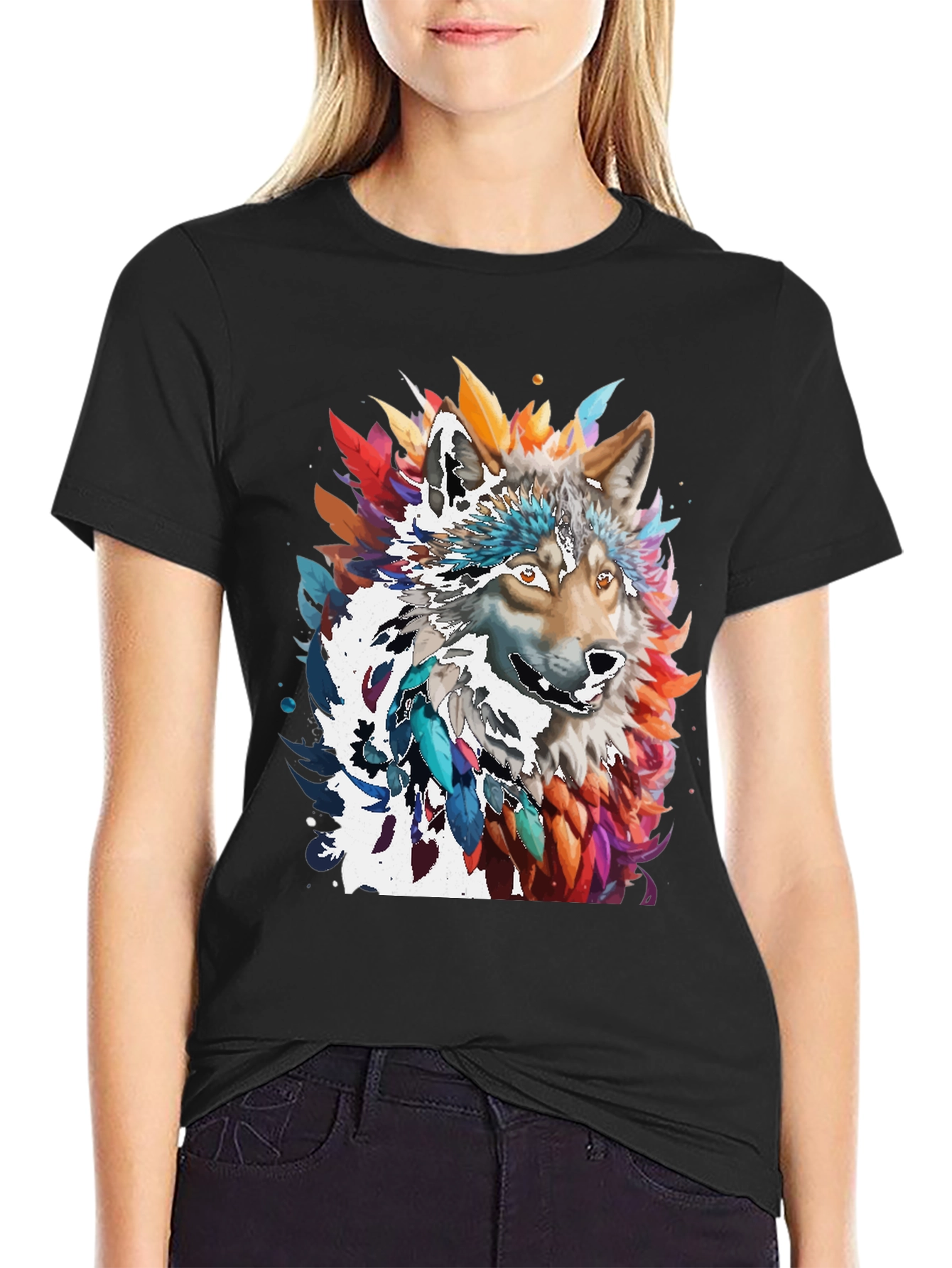 Artistic Wolf Graphic Black T-Shirt