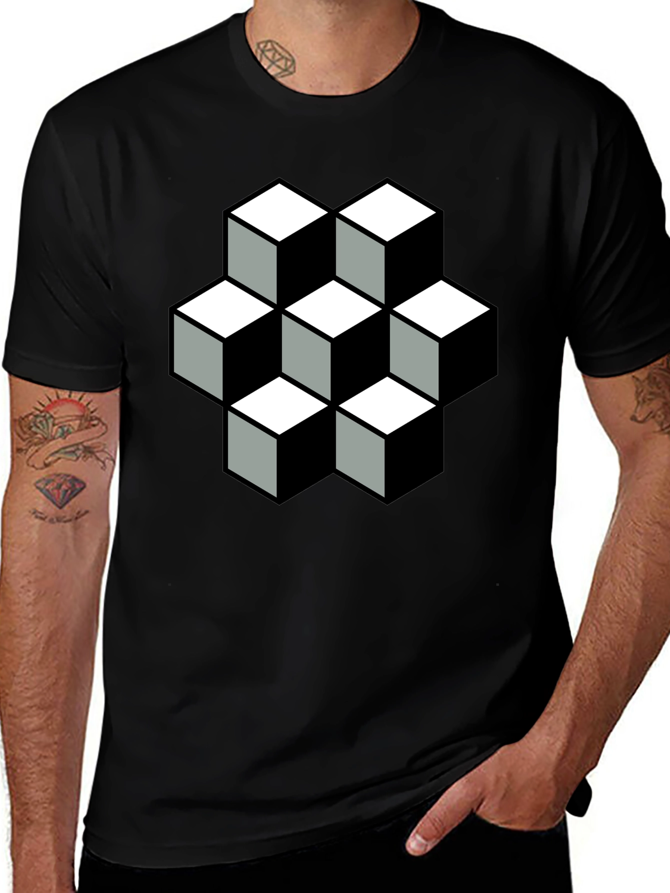 Optical Illusion Cube T-Shirt - Black Graphic Tee