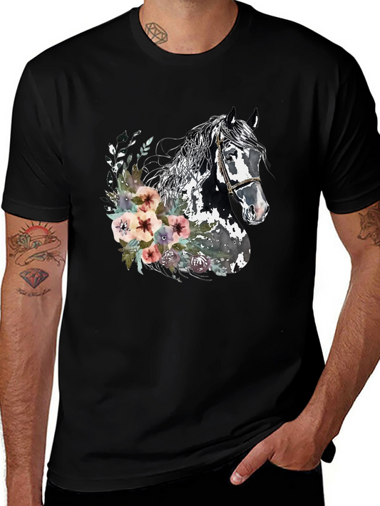 Floral Horse Graphic Tee - Unisex Black T-Shirt