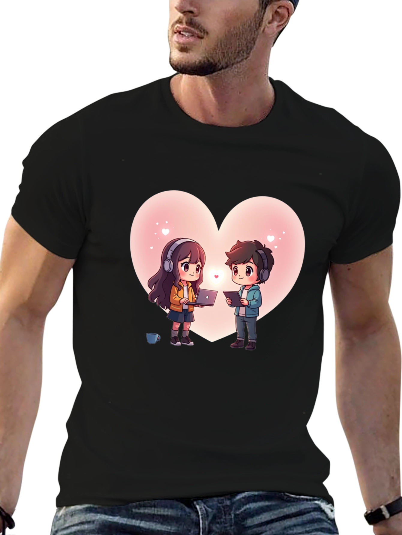 Cartoon Couple Heart Graphic Tee - Black