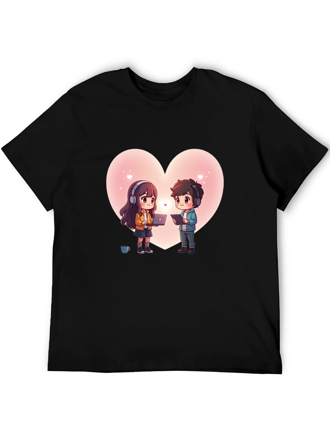 Cartoon Couple Heart Graphic Tee - Black