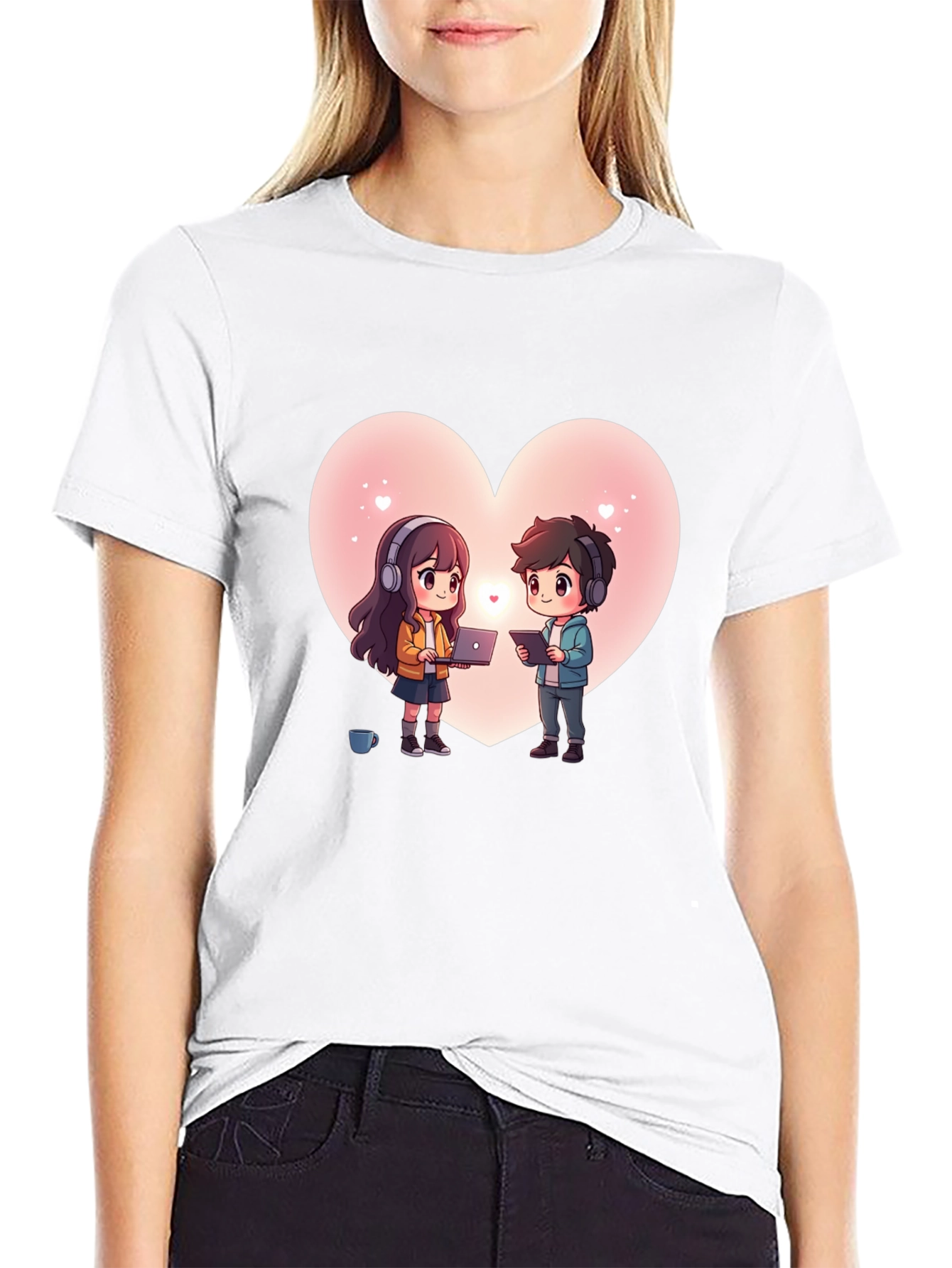 Cartoon Couple Heart Graphic Tee - Black