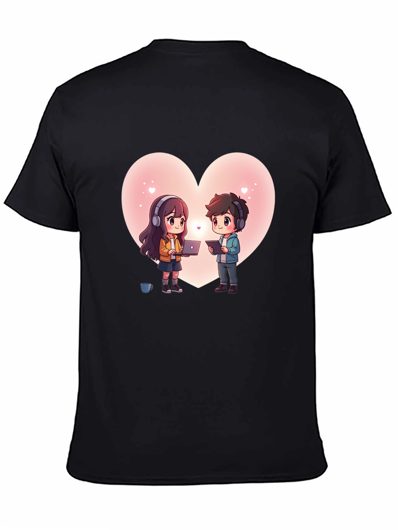 Cartoon Couple Heart Graphic Tee - Black