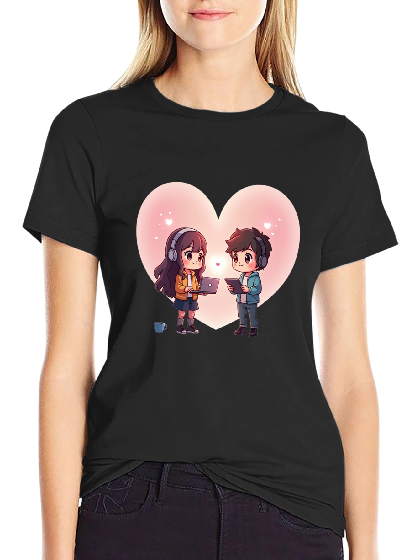 Cartoon Couple Heart Graphic Tee - Black