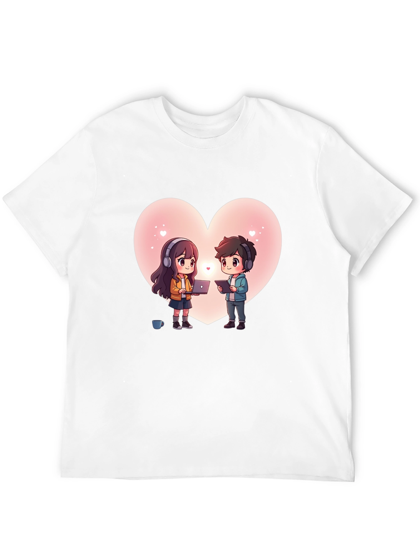 Cartoon Couple Heart Graphic Tee - Black