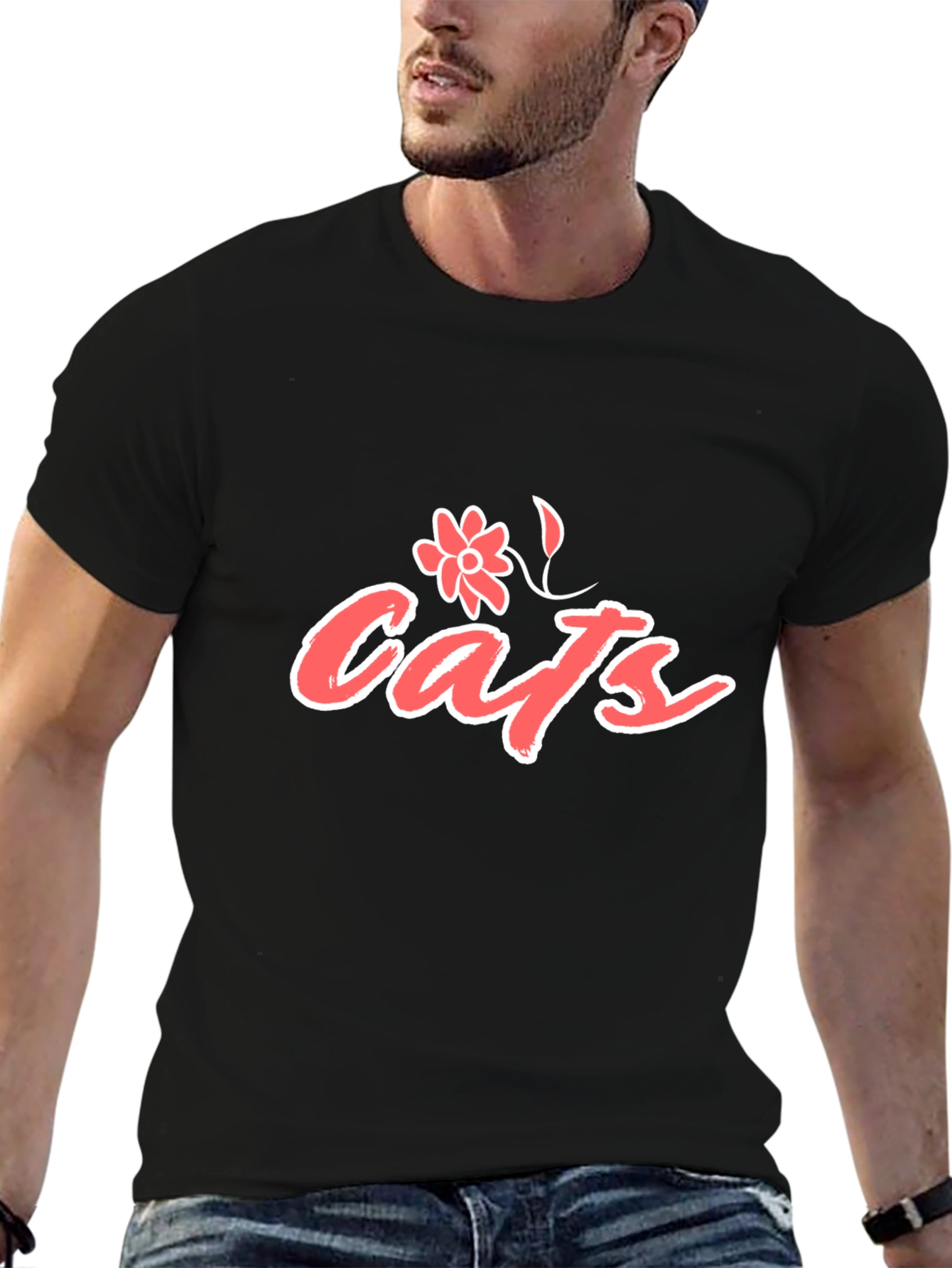 Cats Floral Graphic T-Shirt - Black