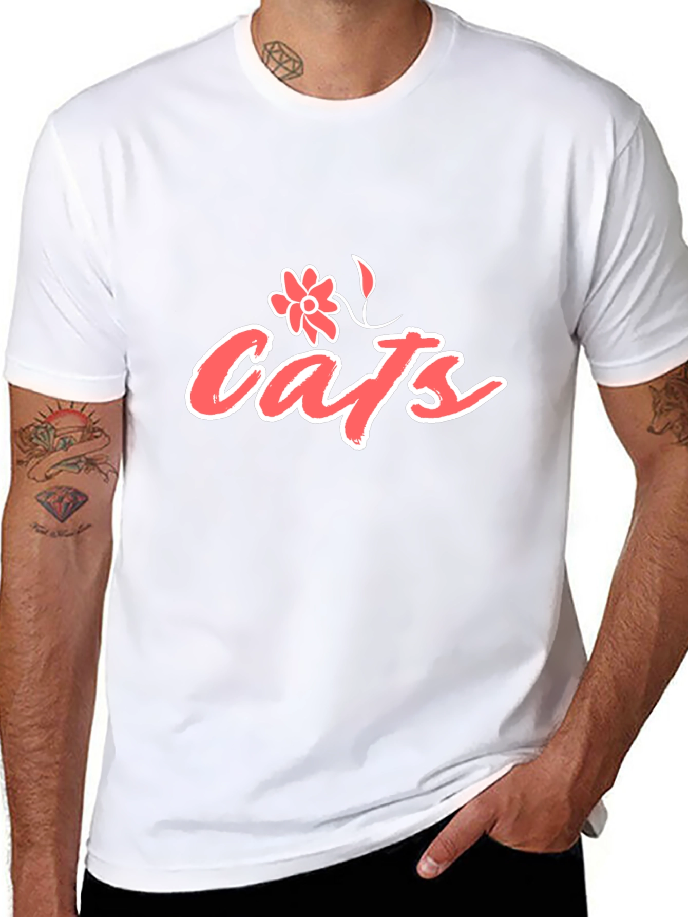 Cats Floral Graphic T-Shirt - Black