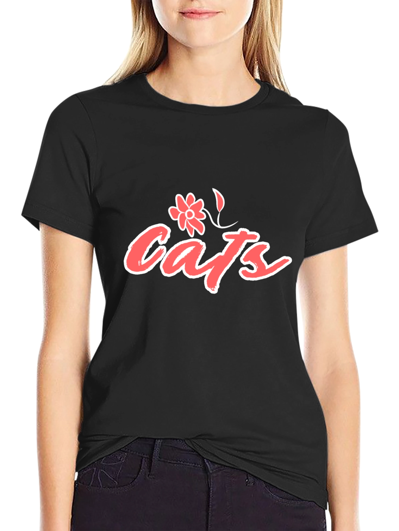 Cats Floral Graphic T-Shirt - Black