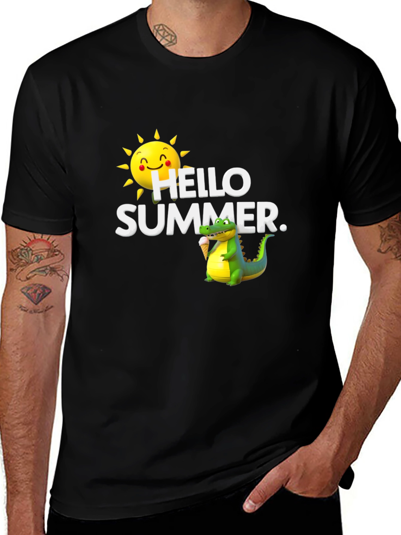 Hello Summer Black T-Shirt with Alligator