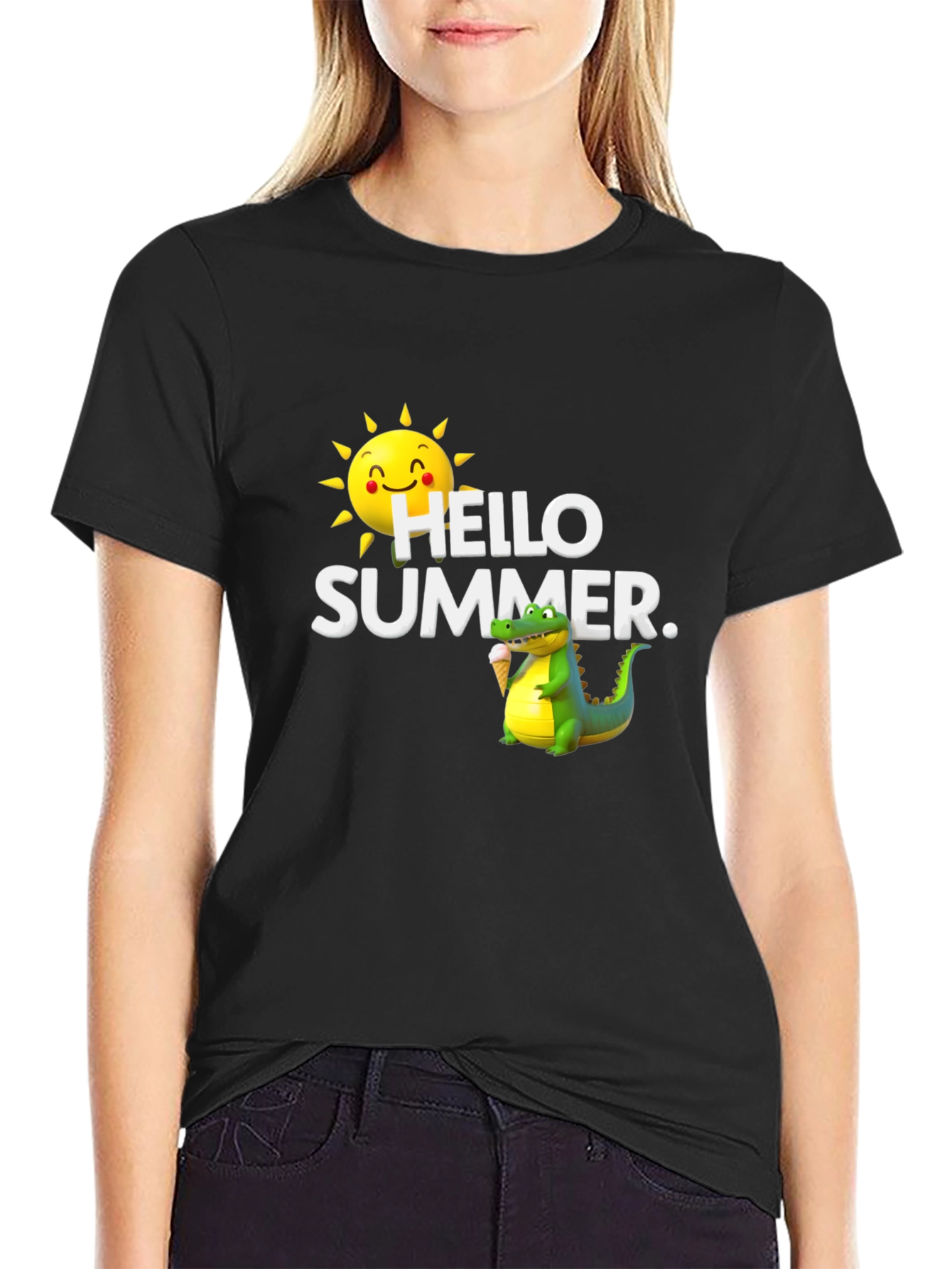 Hello Summer Black T-Shirt with Alligator