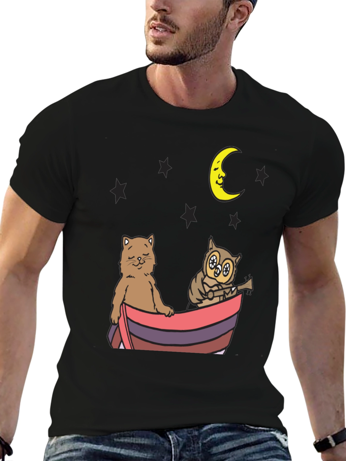 Cat & Owl Moon Boat Graphic Tee