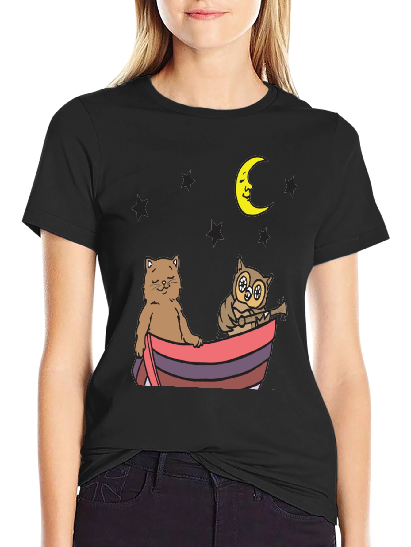 Cat & Owl Moon Boat Graphic Tee