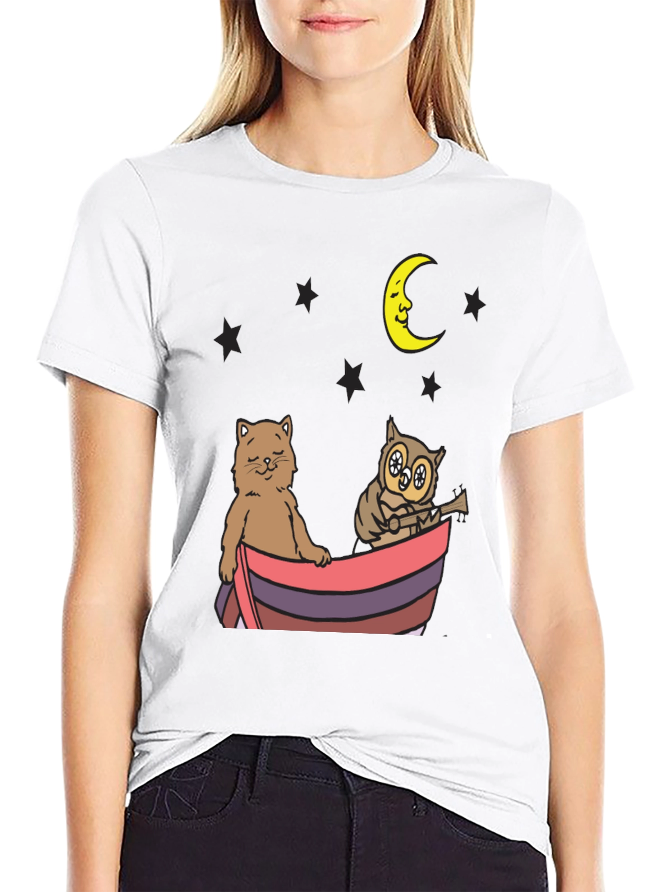 Cat & Owl Moon Boat Graphic Tee
