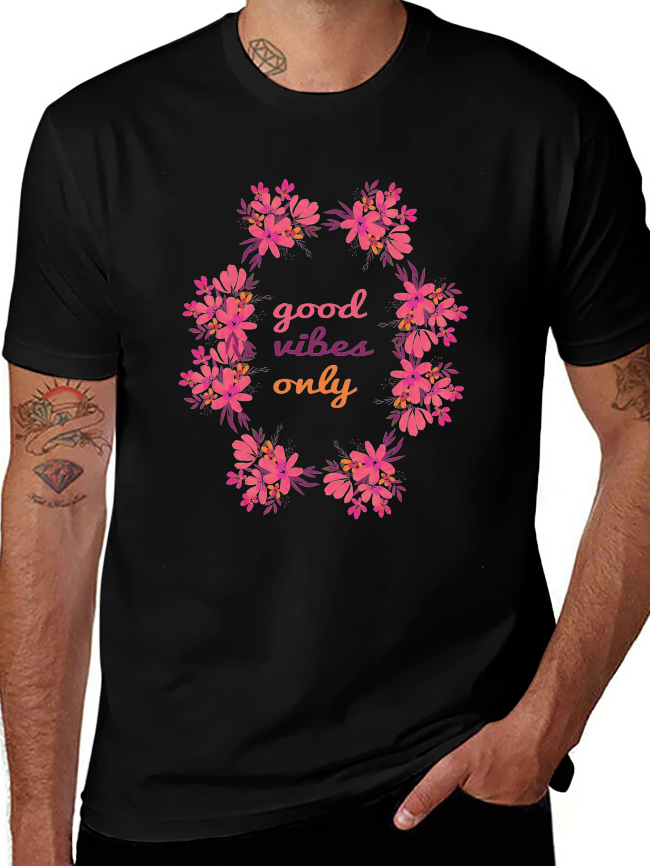 Floral Good Vibes Only Black T-Shirt