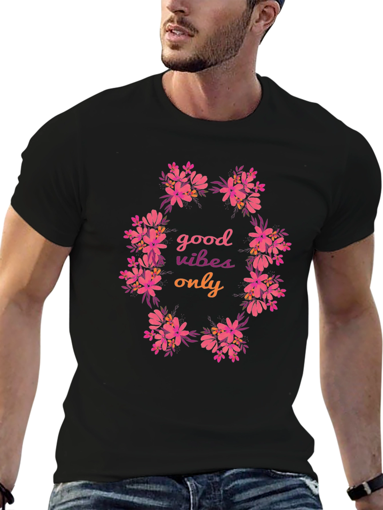 Floral Good Vibes Only Black T-Shirt