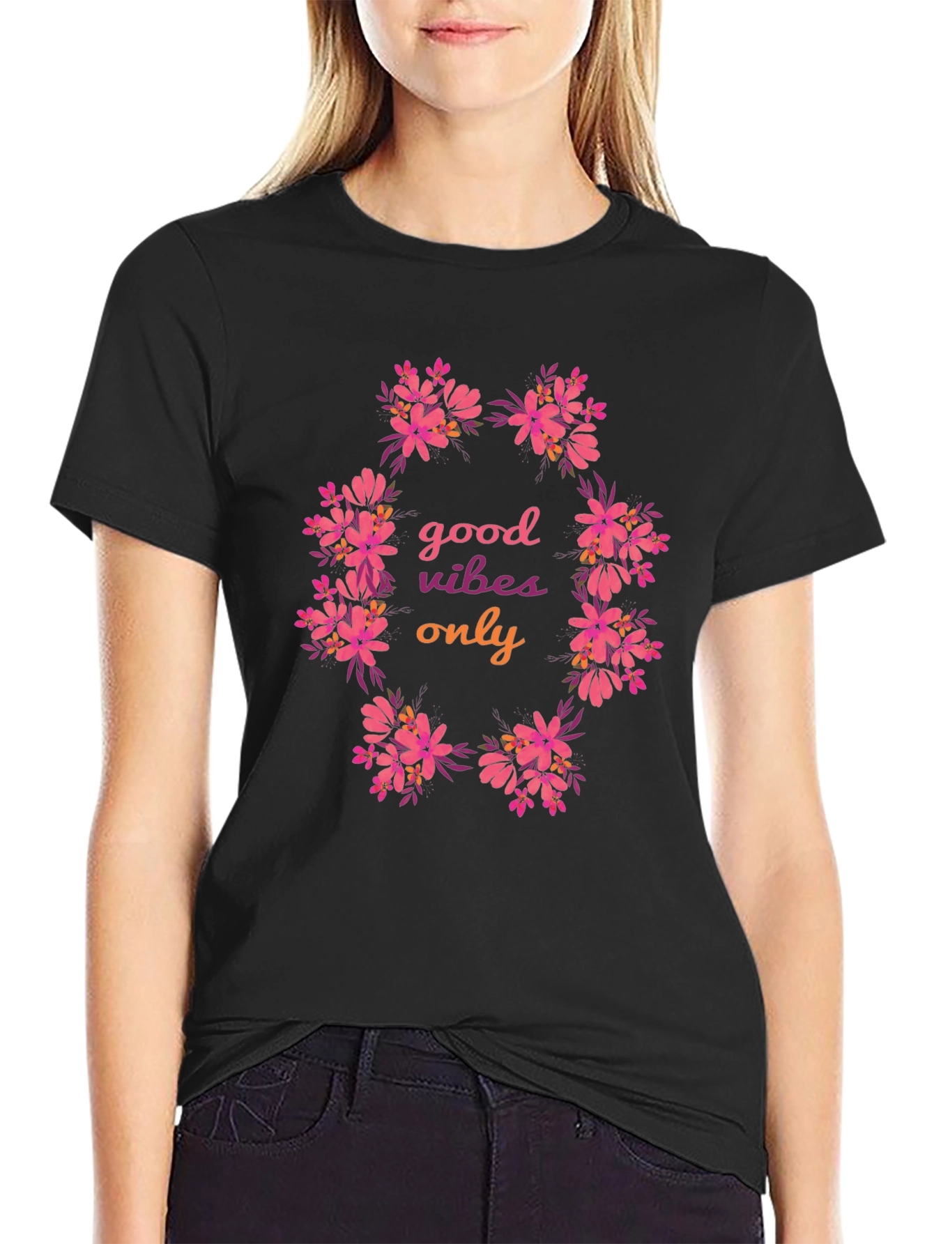 Floral Good Vibes Only Black T-Shirt